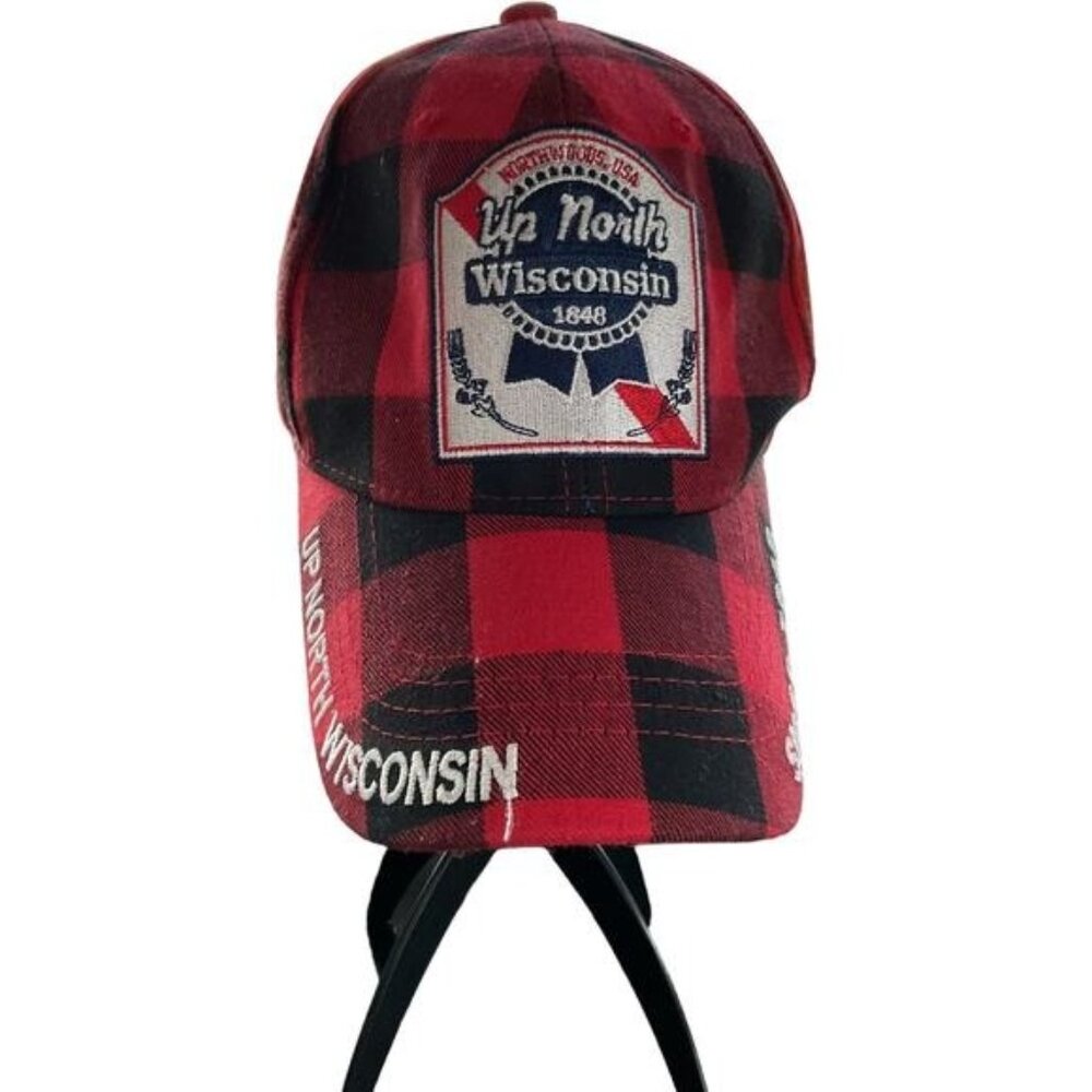 Up North Wisconsin 1848 Plaid Adjustable Baseball Cap Red & Black Cotton/Polyest